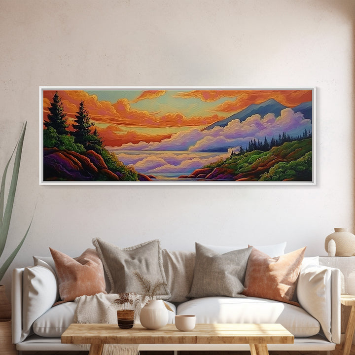 Cloudy Mountains, Sunset Glow, Forest Horizon, Tranquil Vibes, Framed Canvas Print, peaceful landscape, bedroom wall art