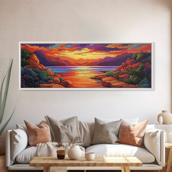 Rocky Sunset, Tranquil Cove, Mountain Glow, Ocean Calm, Framed Canvas Print, vivid sunset art, nature escape, living room decor