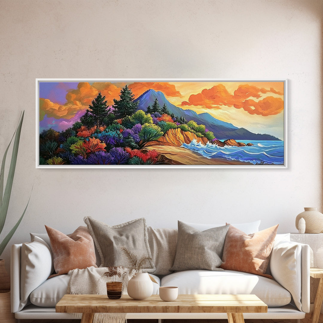 Coastal Forest, Sunset Beach, Lush Pines, Mountain Glow, Framed Canvas Print, outdoor art, nature landscape, hallway decor