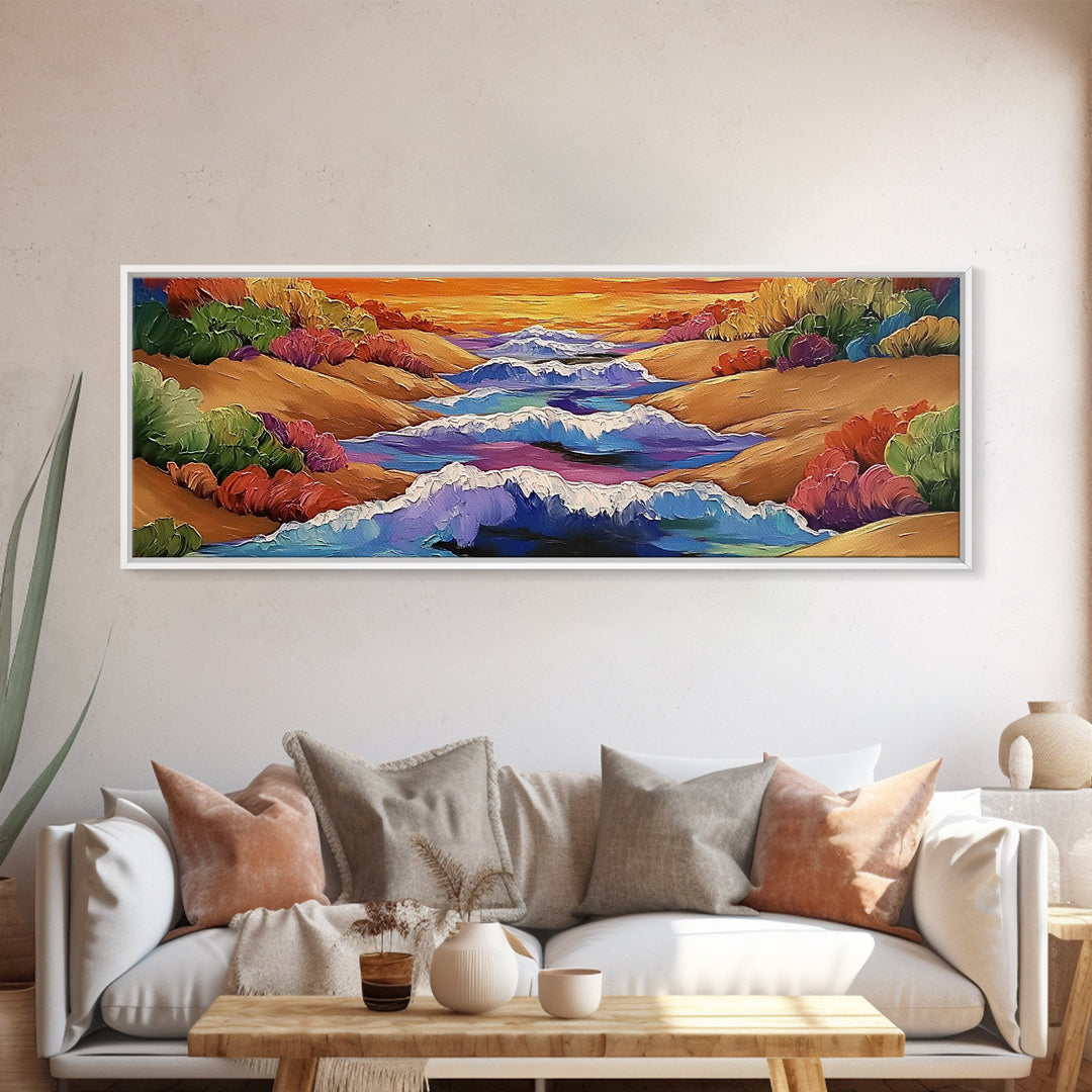 Rolling Waves, Ocean Energy, Sunset Coastline, Canvas Print, coastal living room decor, vivid surf art, bold beach vibe painting