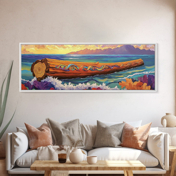 Ocean Driftwood Painting, Coastal Log Art, Vibrant Nautical Wall Scene, Framed Canvas Print, Beach House Decor, Living Room Art