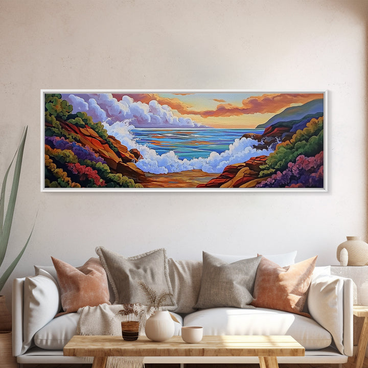 Crashing Waves Painting, Rocky Shoreline View, Sunset Coastal Landscape, Framed Canvas Print, Nautical Art, Living Room Decor