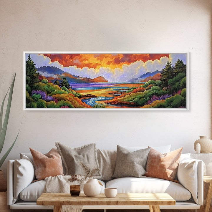Sunset Lake Scene, Mountain View Art, Tranquil Waterscape Landscape, Framed Canvas Print, Nature Office Decor, Living Room Art