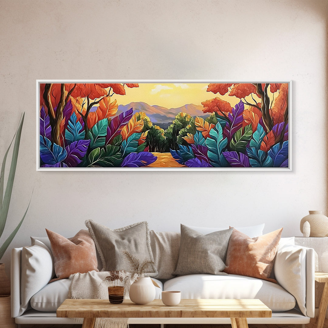 Autumn Forest Path, Colorful Fall Foliage Trail, Vibrant Nature Design, Framed Canvas Print, Cozy Hallway Art, Fall Living Room