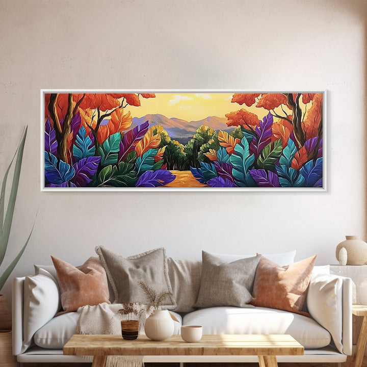 Autumn Forest Path, Colorful Fall Foliage Trail, Vibrant Nature Design, Framed Canvas Print, Cozy Hallway Art, Fall Living Room