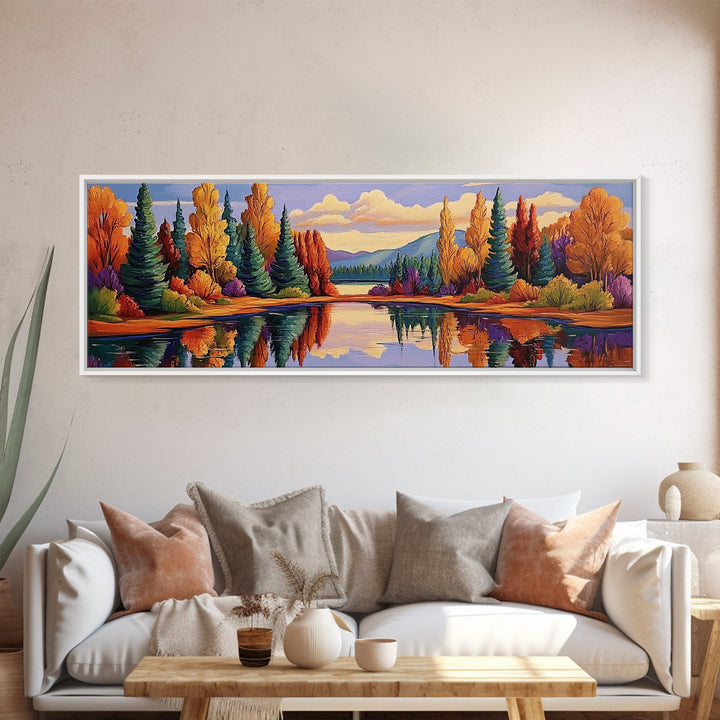 Autumn Reflections Painting, Lakeside Forest Landscape, Fall Color Trees, Framed Canvas Print, Cabin Wall Art, Cozy Living Room