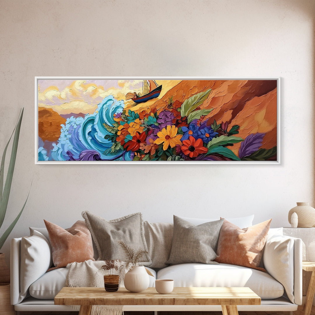 Wave and Flowers Painting, Sailboat Seaside Scene, Bold Floral Coastline Art, Framed Canvas Print, Bathroom Wall Art, Eclectic Art