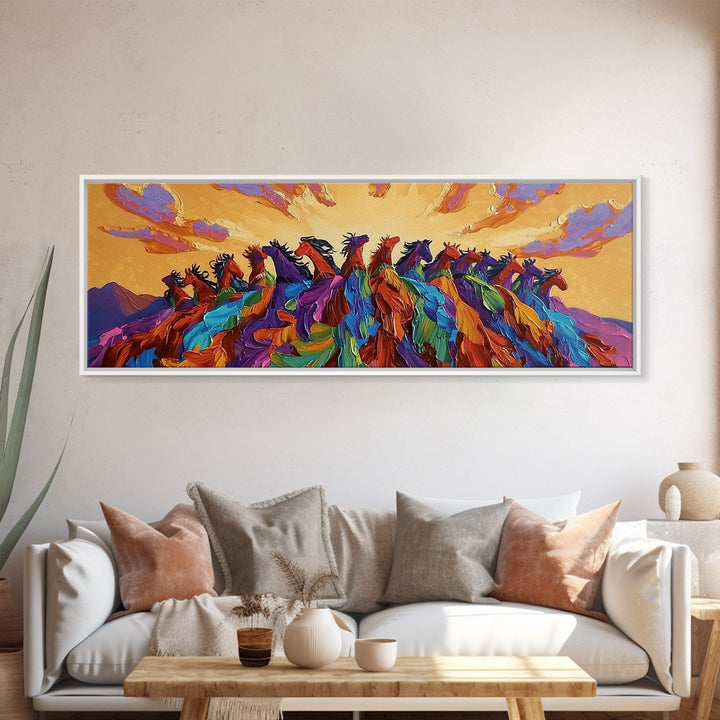Running Wild Horses, Abstract Herd Scene, Sunset Equine Painting, Framed Canvas Print, Western Bedroom Wall Art, Living Room Decor
