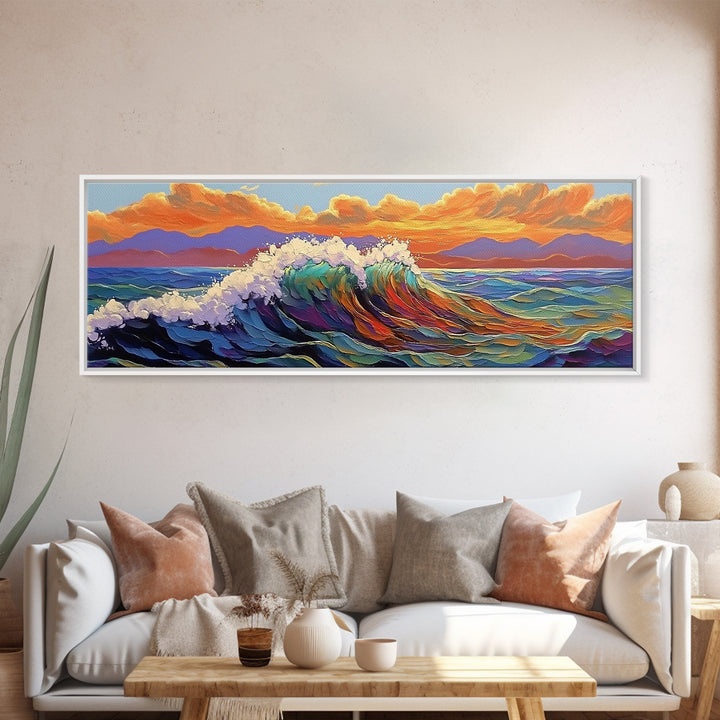 Ocean Wave Sunset, Vibrant Seascape Painting, Tropical Horizon Scene, Framed Canvas Print, Coastal Wall Art, Nautical Decor