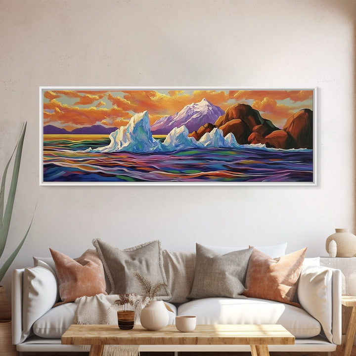 Iceberg Ocean Scene, Arctic Sunset Painting, Majestic Ice Waterscape, Framed Canvas Print, Coastal Wall Art, Winter Home Decor