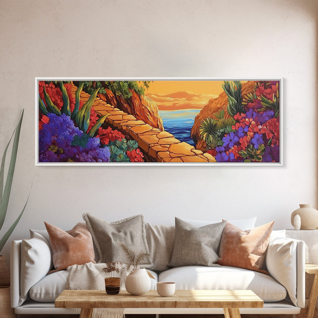 Desert Path, Floral Trail, Mountain View, Framed Canvas Print, Southwestern Wall Art, Nature Inspired Art, Boho Vibe, Living Room Decor