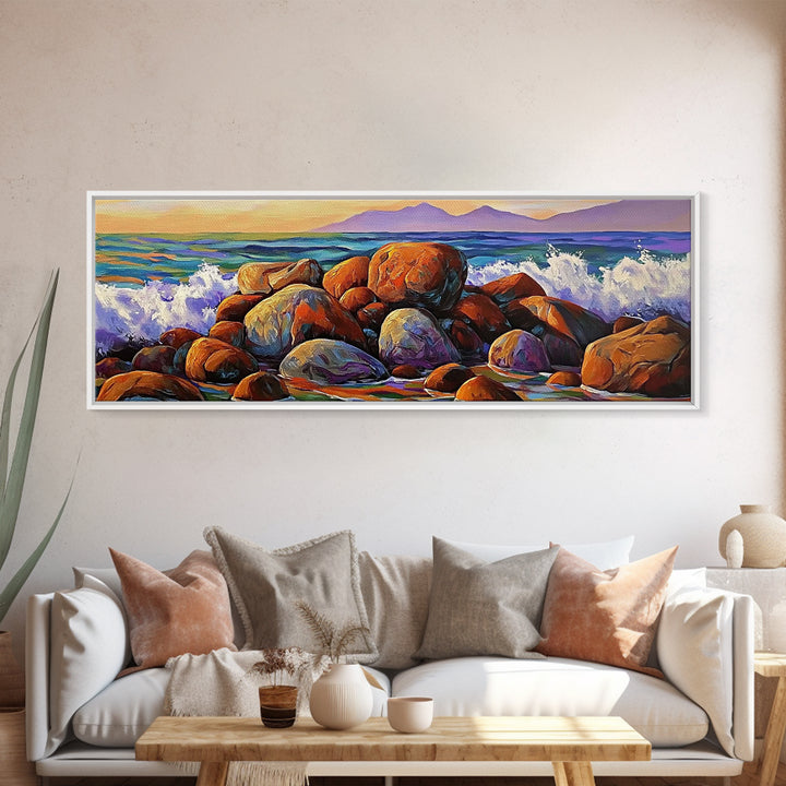 Coastal Boulders, Wave Crash, Ocean Energy, Framed Canvas Print, Beach House Wall Art, Seascape Painting, Coastal Decor, Nature Vibes
