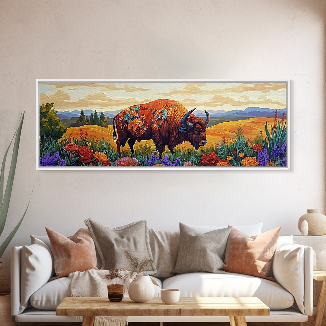 Bison Meadow, Wildflowers, Prairie Soul, Framed Canvas Print, Fall Wall Art, Western Decor, Rustic Living Room Art, Nature Art