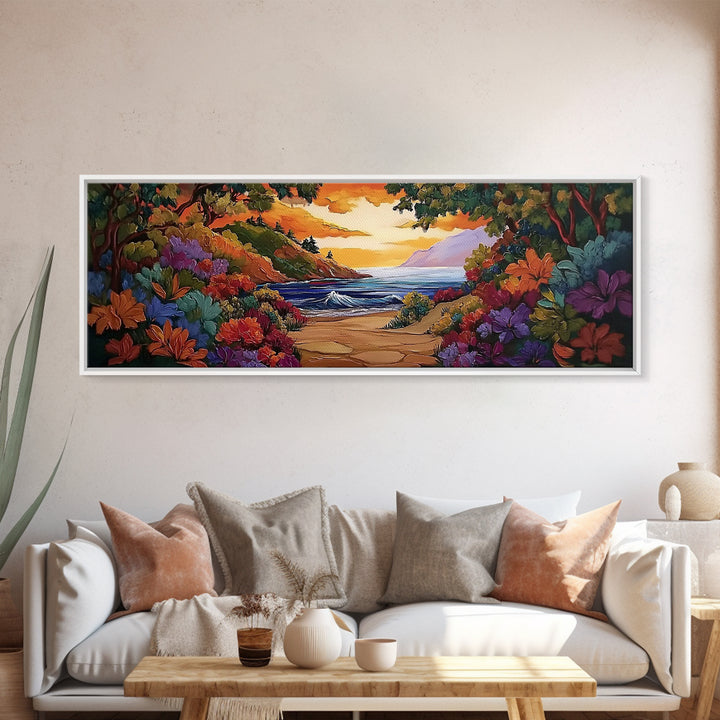 Beach View, Sunset Flowers, Coastal Path, Summer Decor, Framed Canvas Print, Bedroom Wall Art, Bright Floral Landscape Art
