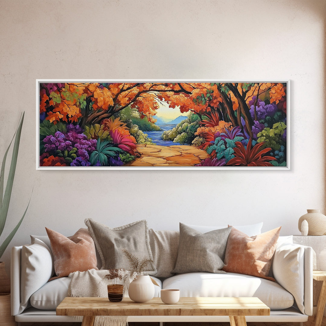 Autumn Archway, Colorful Path, Forest Lake, Vibrant Trees, Framed Canvas Print, Entryway Wall Art, Fall Nature Scene, Boho Art