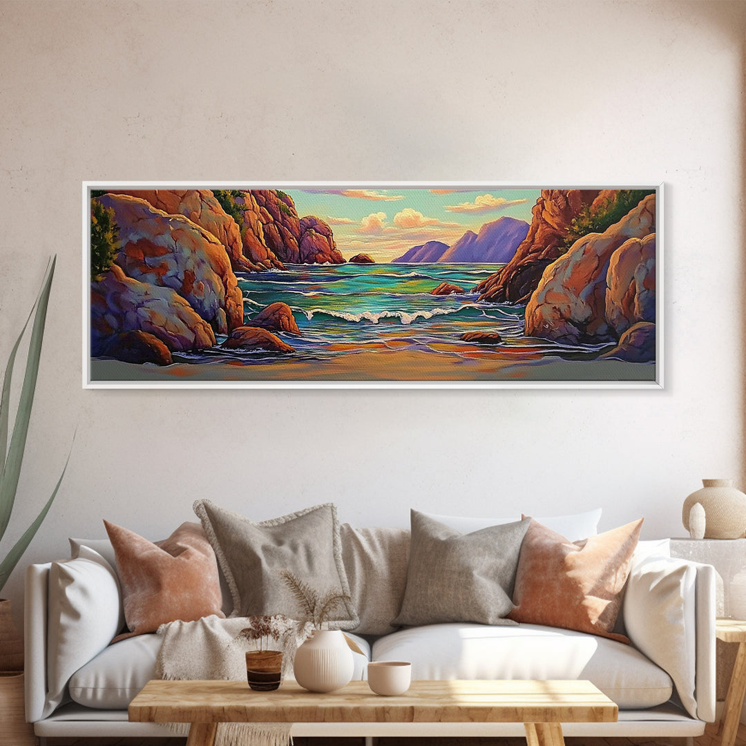 Rocky Cove, Sunset Ocean, Wave Art, Coastal View, Framed Canvas Print, Bathroom Wall Art, Earth Tones, Seascape Canvas Decor