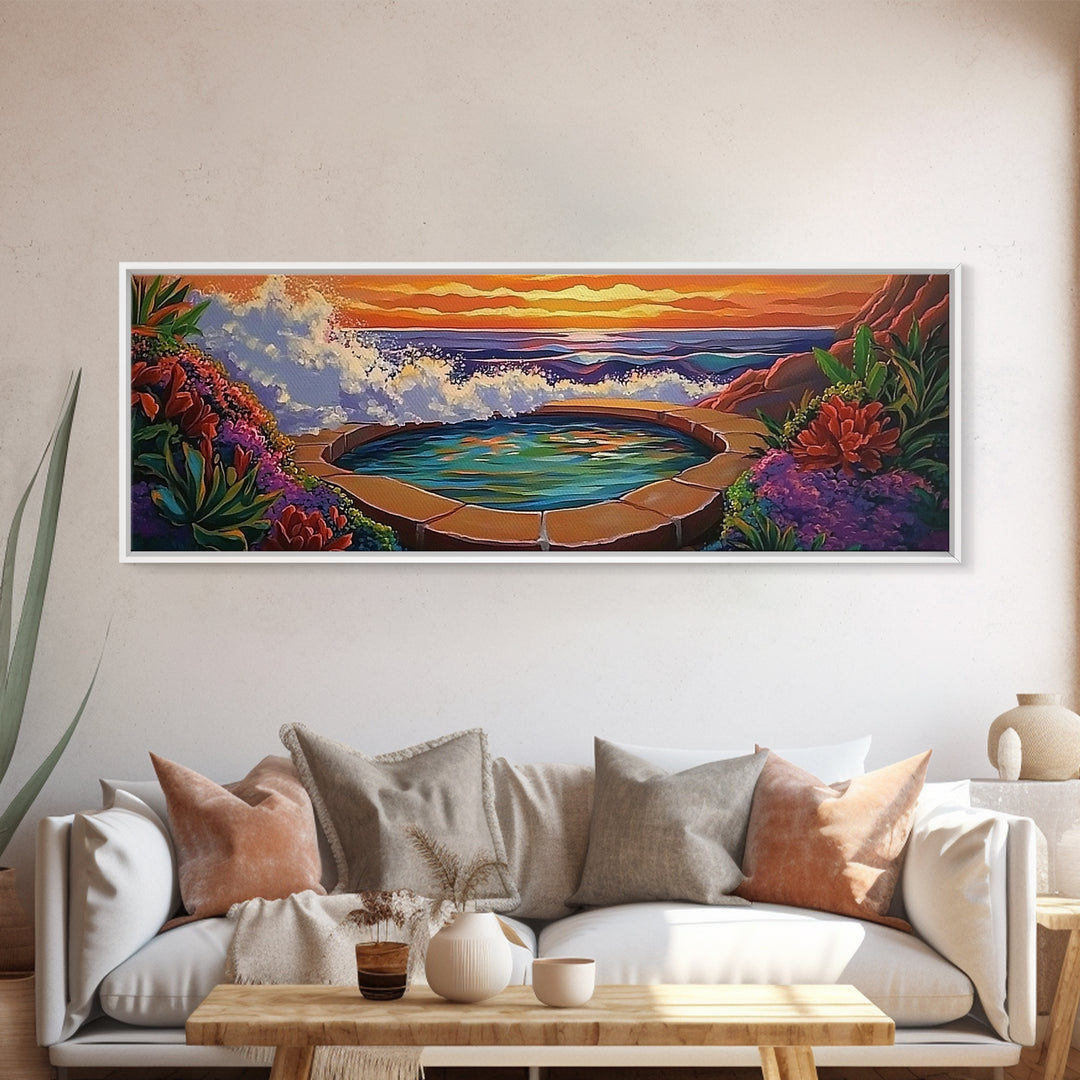 Ocean Hot Spring, Tropical Spa Scene, Sunset Serenity, Coastal Zen, Framed Canvas Print, Relaxation Art, Bohemian Wall Art