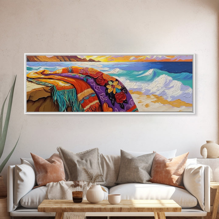 Ocean Blanket Painting, Sunset Coastline Scene, Canvas Print, Coastal Boho Wall Art, Bedroom or Beach House Decor