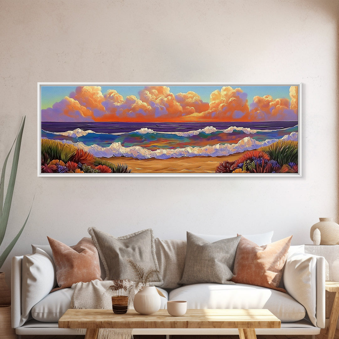 Beach Sunset, Gentle Waves, Cotton Clouds, Summer Calm, Framed Canvas Print, Coastal Wall Art, Soft Pastel Ocean Landscape