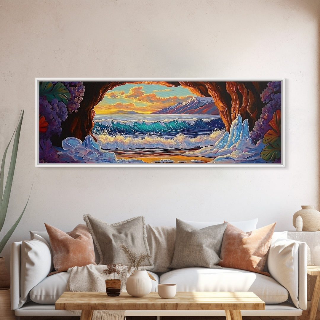 Arctic Ocean Cave, Winter Seascape, Vibrant Ice Waves, Framed Canvas Print, Seasonal Wall Art, Coastal Fantasy Decor