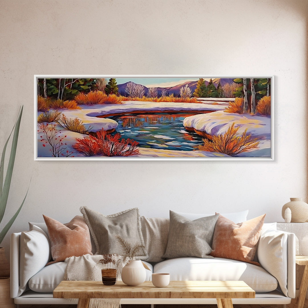 Snowy Mountain Pond, Winter Forest Stream, Sunset Reflection, Canvas Print, Rustic Cabin Wall Art, Nature Landscape Art
