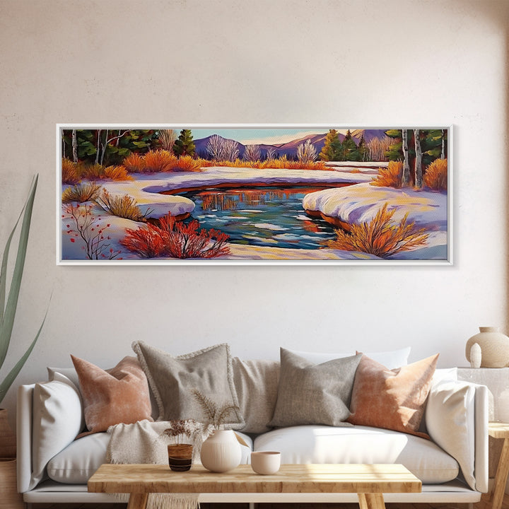 Snowy Mountain Pond, Winter Forest Stream, Sunset Reflection, Canvas Print, Rustic Cabin Wall Art, Nature Landscape Art