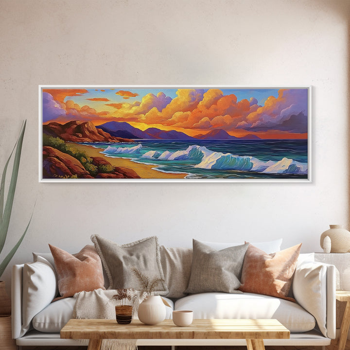 Coastal Sunset Glow, Ocean Horizon, Vibrant Wave Art, Framed Canvas Print, Living Room Wall Art, Colorful Beach Landscape
