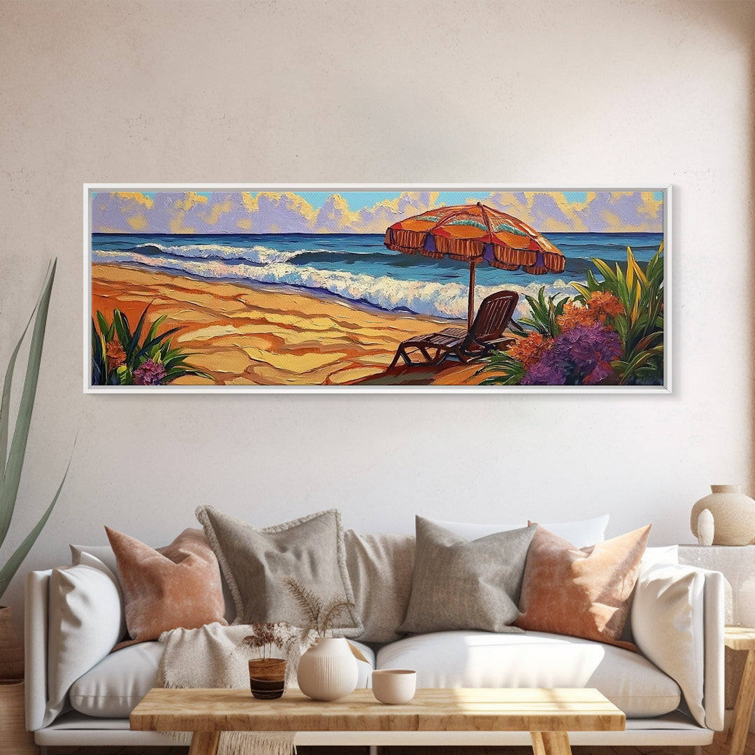 Beach Umbrella Scene, Vibrant Ocean View, Canvas Print, Tropical Coastal Decor, Seaside Living Room Wall Art, Boho Beach Style
