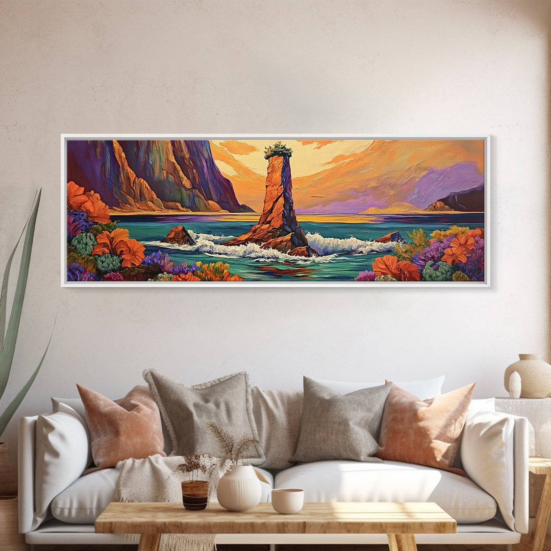 Ocean Rock Island, Sunset Coastline, Floral Foreground, Canvas Print, Living Room Wall Art, Mystical Nature Landscape