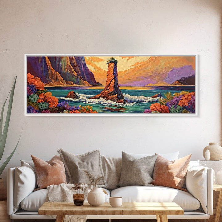 Ocean Rock Island, Sunset Coastline, Floral Foreground, Canvas Print, Living Room Wall Art, Mystical Nature Landscape