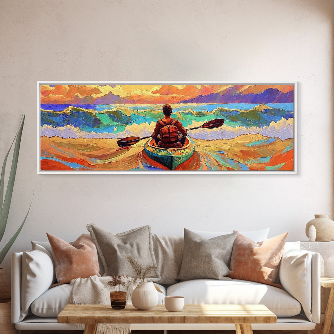 Ocean Kayaker, Waves Sunset, Adventure Spirit, Beach Home Accent, Framed Canvas Print, Coastal Wall Art, Colorful Outdoor Art