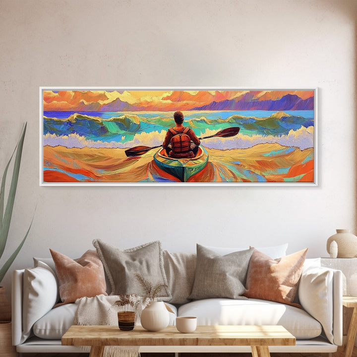 Ocean Kayaker, Waves Sunset, Adventure Spirit, Beach Home Accent, Framed Canvas Print, Coastal Wall Art, Colorful Outdoor Art