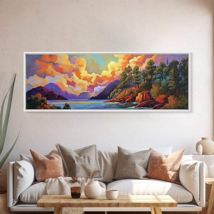 Mountain Trees, Lake Sunset, Nature Glow, Autumn Landscape, Canvas Print, Cabin Decor, Rustic Wall Art, Forest Escape