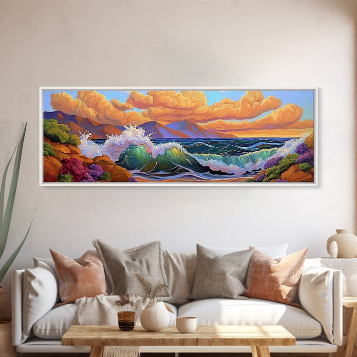 Coastal Surf, Sunset Clouds, Tropical Vibes, Ocean Wave Art, Framed Canvas Print, Beach House Decor, Seaside Living Room Art