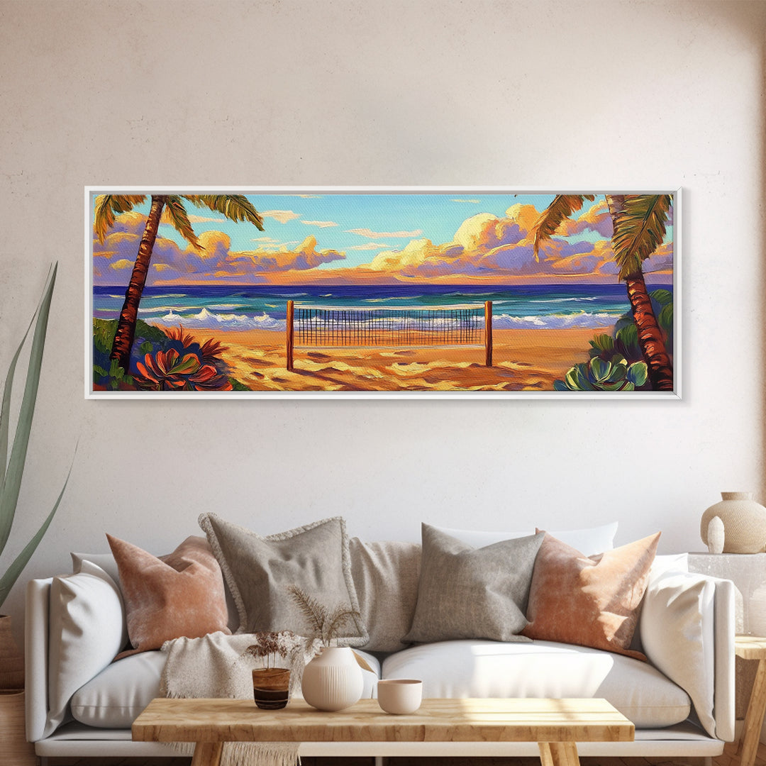 Beach Sunset, Palm Trees, Volleyball Net, Tropical Decor, Framed Canvas Print, Coastal Wall Art, Boho Beach Vibes, Game Room Art