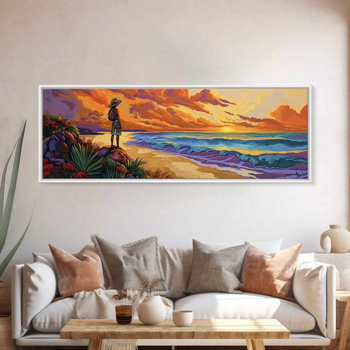 Ocean Sunset, Traveler View, Warm Colors, Beach Adventure, Framed Canvas Print, Wanderlust Wall Art, Bedroom Accent, Nature Lover Gift
