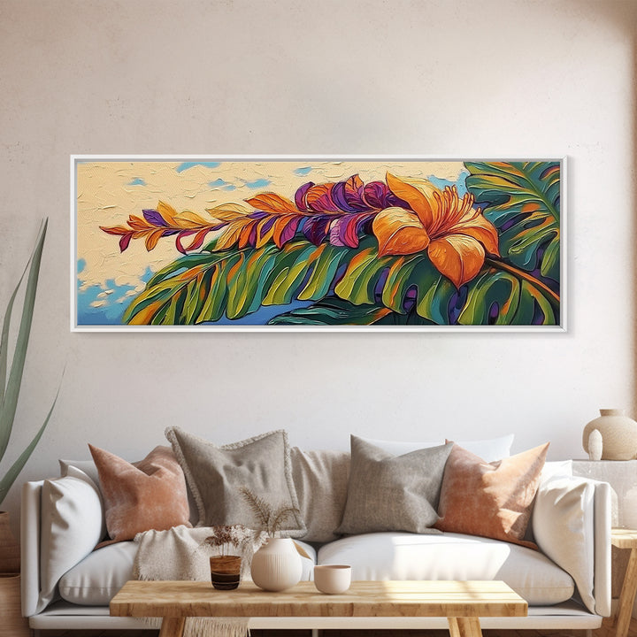 Tropical Leaves, Bold Floral, Exotic Bloom, Modern Art, Framed Canvas Print, boho jungle decor, bedroom wall art, tropical artwork