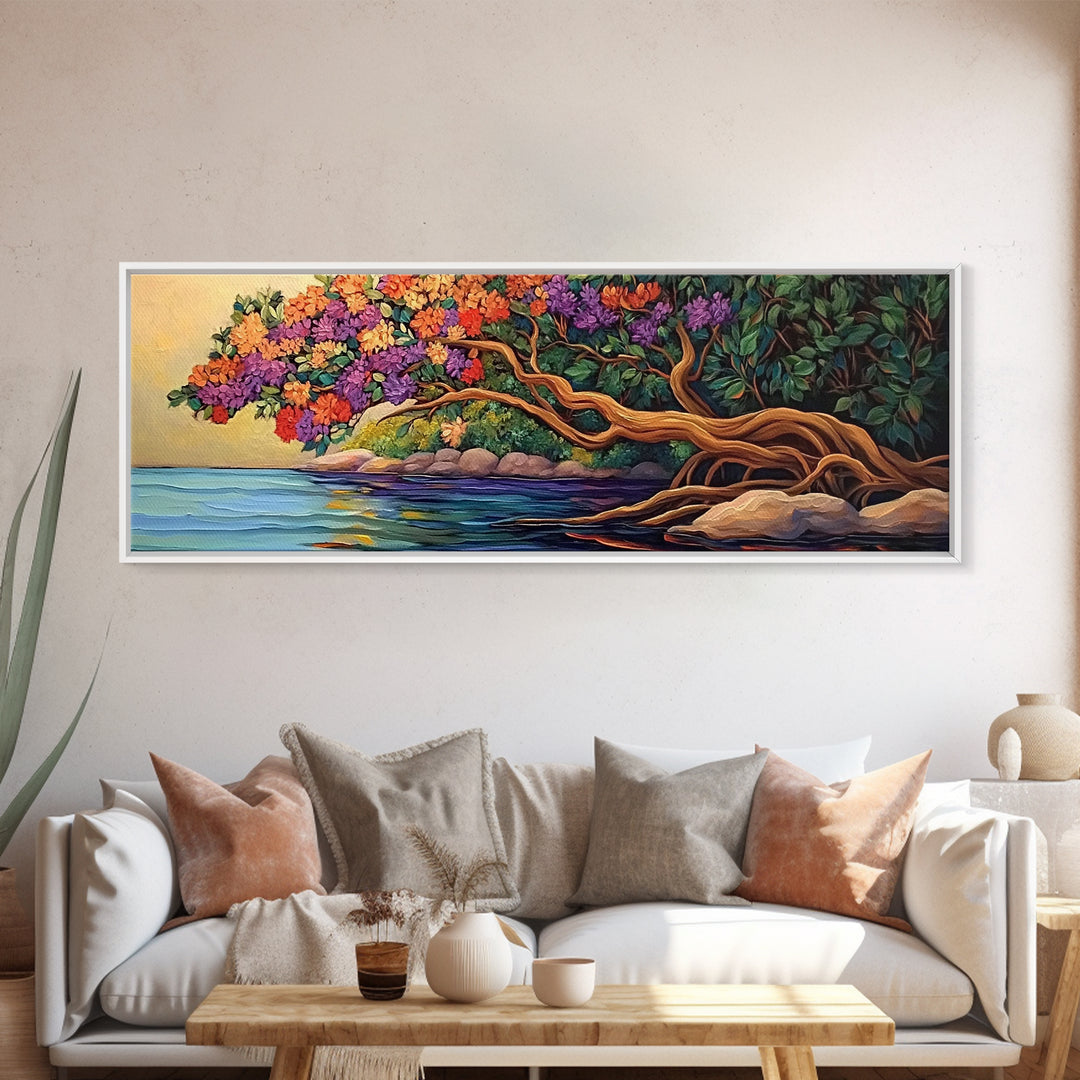 Blooming Tree, Ocean Shore, Tranquil Scene, Curved Branches, Framed Canvas Print, bedroom art, whimsical landscape, botanical wall piece