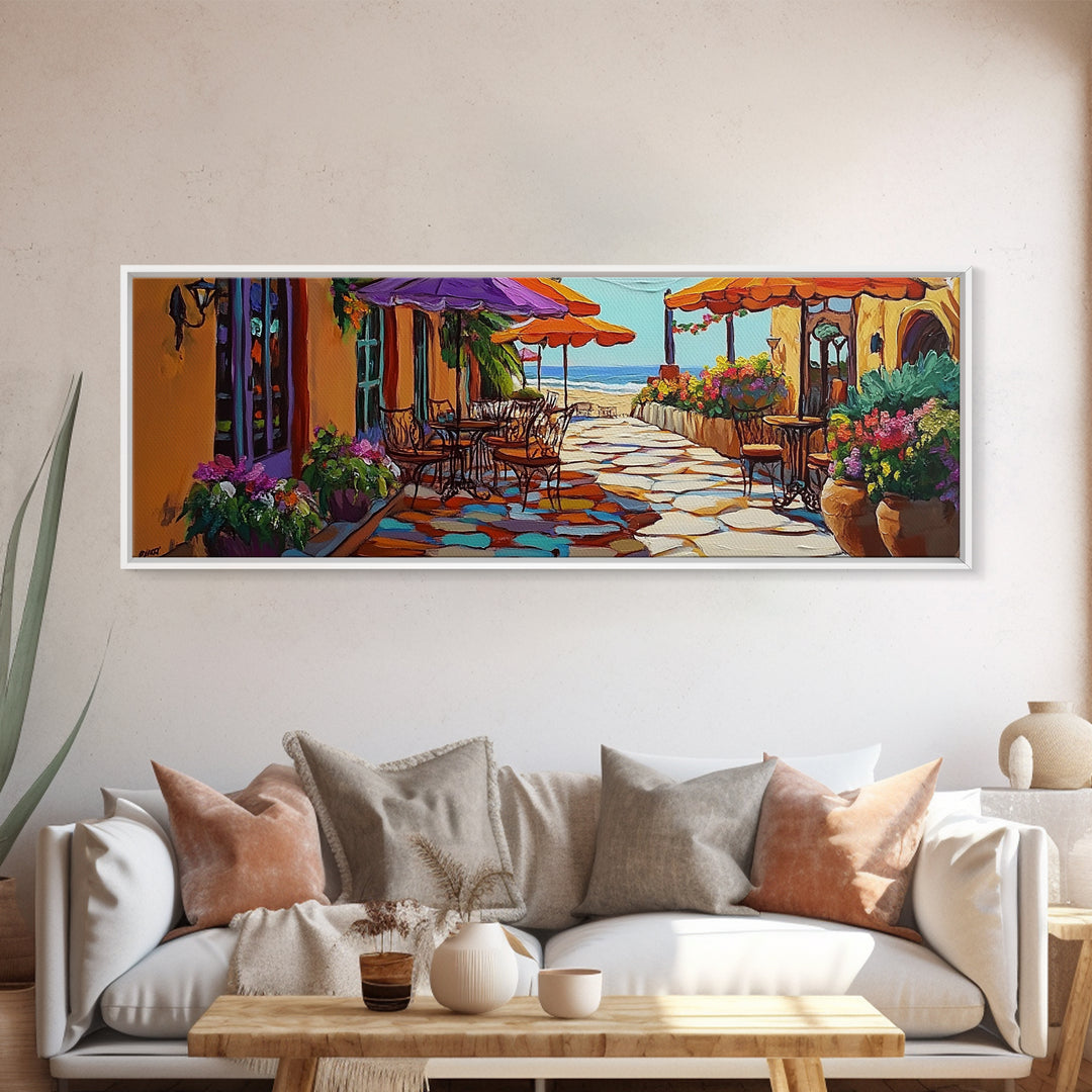 Coastal Café, Ocean View, Umbrella Patio, Bright Florals, Framed Canvas Print, Kitchen Wall Art, Mediterranean Style, Garden Dining Art