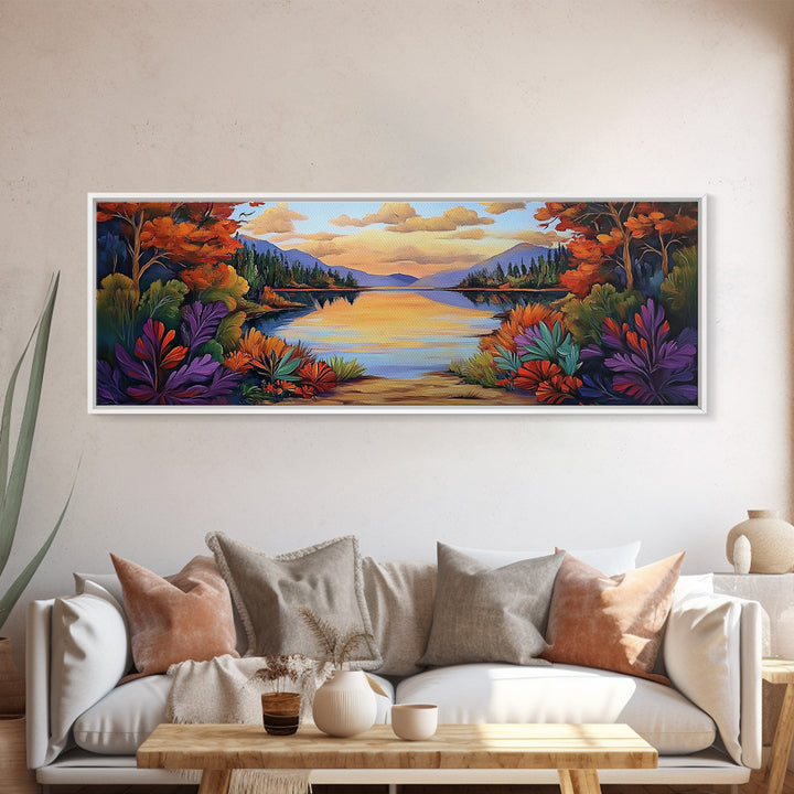 Autumn Lake Reflection, Tranquil Nature Painting, Fall Forest Sunset, Framed Canvas Print, Cozy Living Room or Cabin Wall Decor