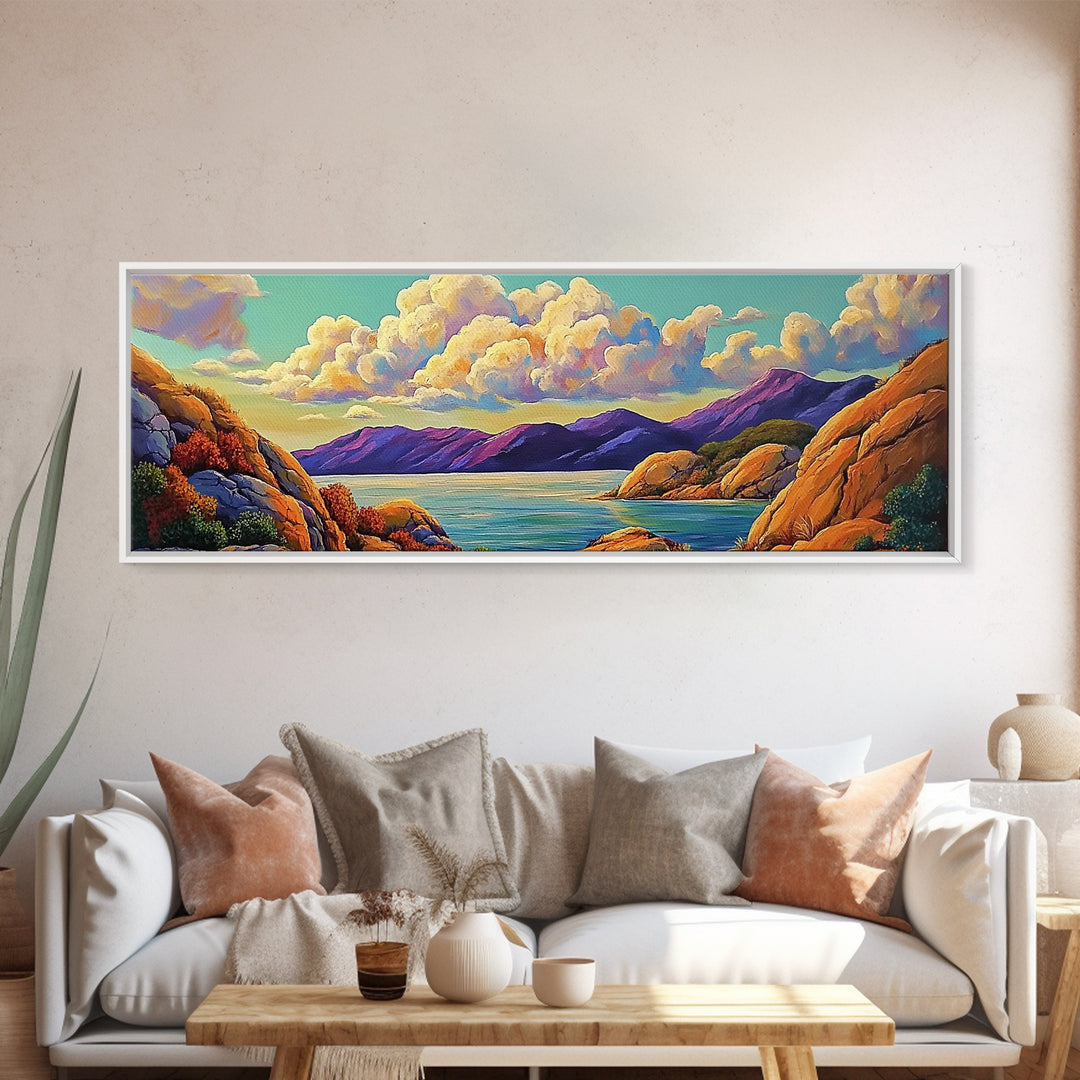 Rocky Coast View, Cloudy Sky Seascape, Peaceful Nature Art, Framed Canvas Print, Beach House Decor, Coastal Bedroom Wall Art