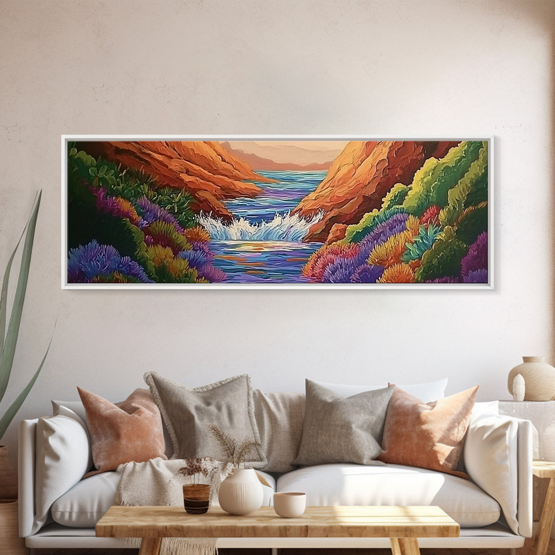 Canyon Stream Bloom, Colorful Desert River Scene, Vibrant Nature Painting, Framed Canvas Print, Southwest Living Room or Office Art