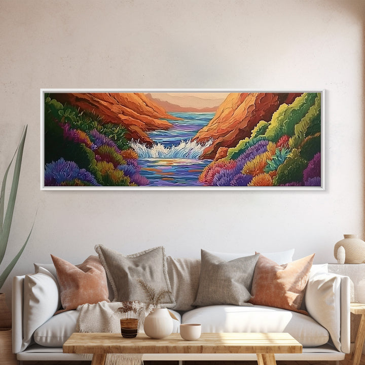 Canyon Stream Bloom, Colorful Desert River Scene, Vibrant Nature Painting, Framed Canvas Print, Southwest Living Room or Office Art