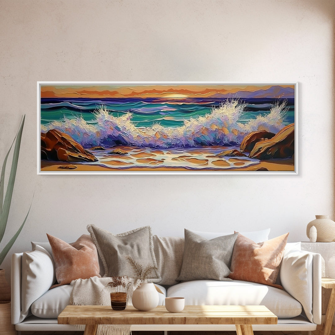 Crashing Waves Sunset, Seaside Landscape Art, Modern Beach Wall Decor, Living Room Accent, Framed Canvas Print, Coastal Vibes