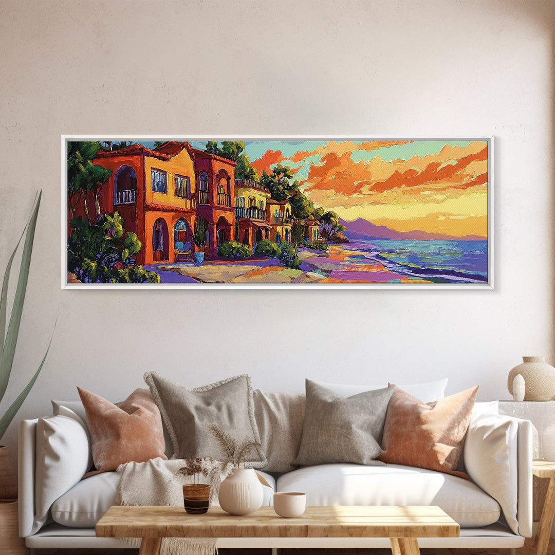 Coastal Village Sunset, Beach House Art, Vibrant Colorful Home Decor, Tropical Wall Style, Framed Canvas Print, Vacation Vibes
