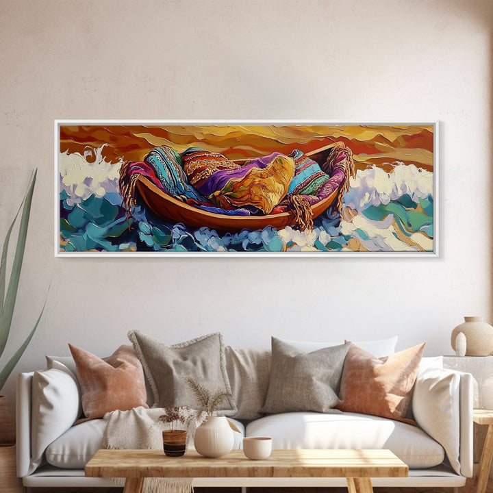 Cozy Boat, Colorful Blankets, Ocean Sunset, Serene Waves, Framed Canvas Print, Bohemian Bedroom Art, Nautical Style, Relaxation Vibe