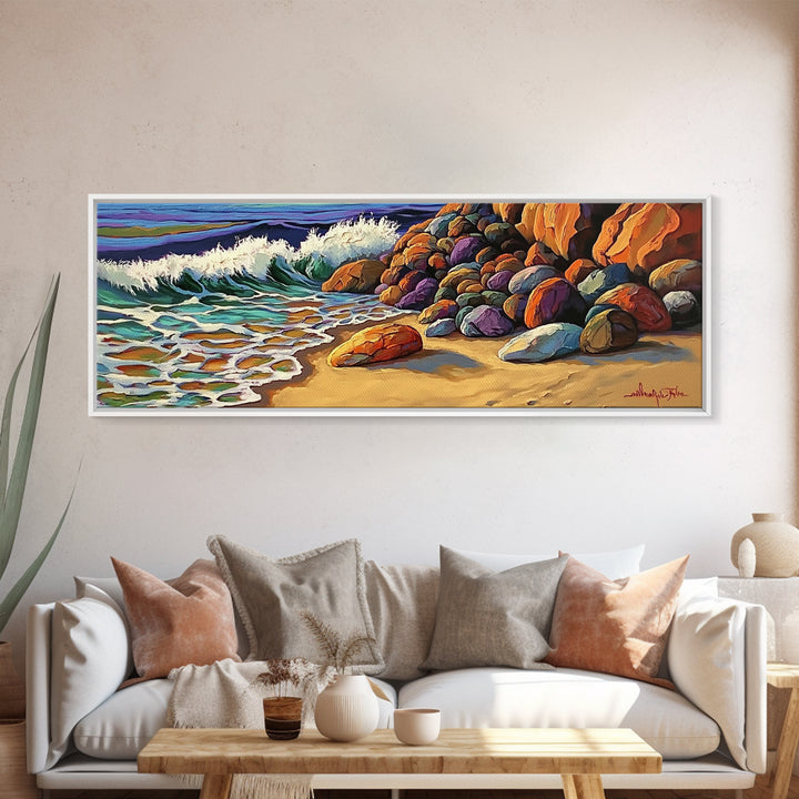 Rocky Shoreline Waves, Ocean Rocks Art, Seaside Spray, Framed Canvas Print, Bathroom Coastal Wall Art, Bold Beach Style, Nautical Decor