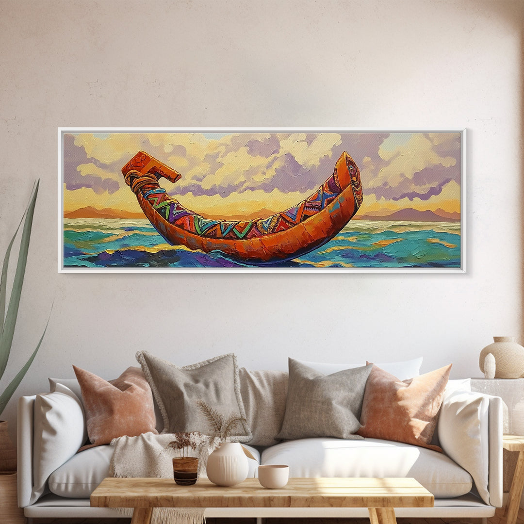 Tribal Canoe, Ocean Spirit, Ethnic Decor, Sunset Waterscape, Framed Canvas Print, Rustic Coastal Art, Living Room Adventure Decor