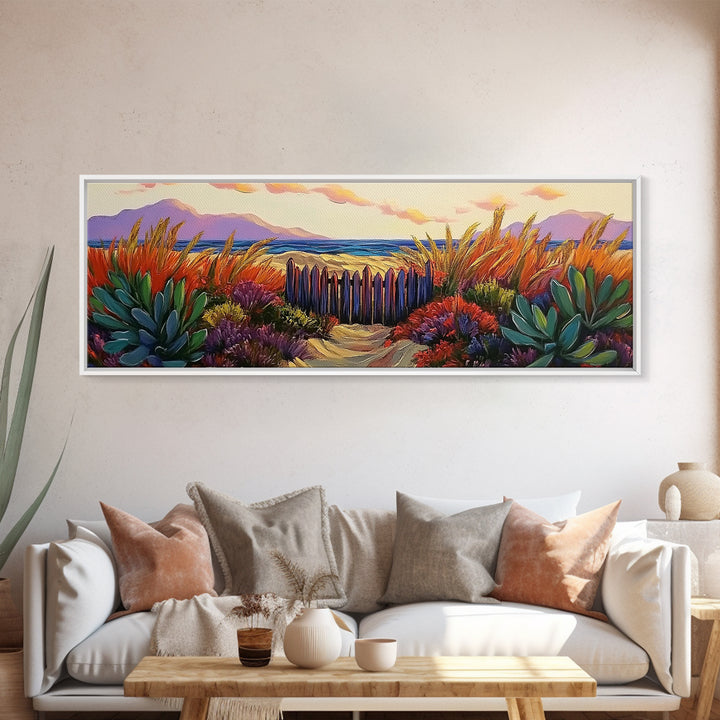 Beach Fence, Sunset Shore, Autumn Grass, Serene Dunes, Framed Canvas Print, Boho Coastal Art, Bedroom Tranquil Wall Decor