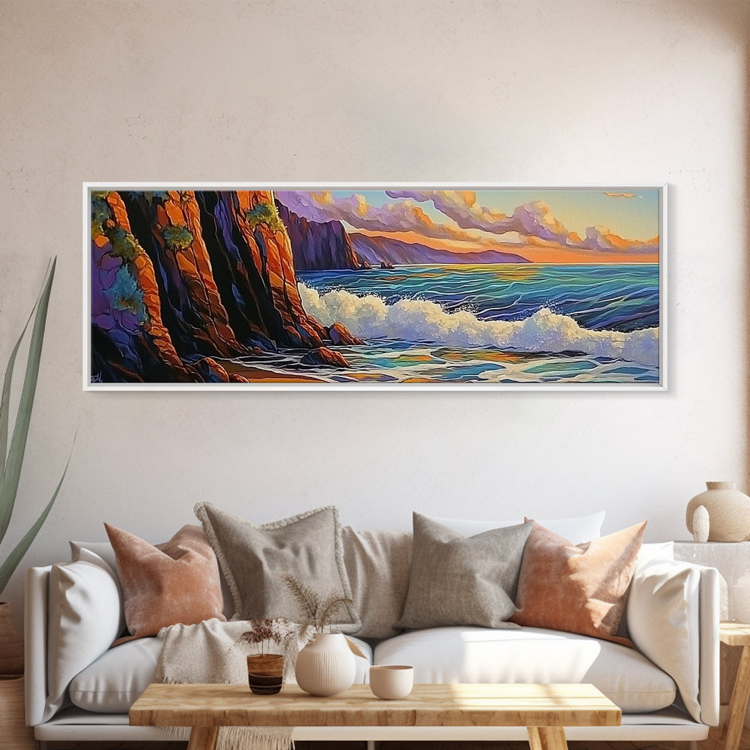 Coastal Cliff, Ocean Waves, Sunset Water, Rocky Shoreline, Framed Canvas Print, Bathroom Wall Art, Vibrant Seascape, Beach House Style
